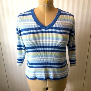 Denver Hayes blue green white striped cotton v-neck sweater Size M